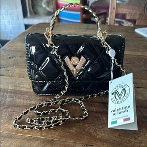 NWT Valentino Orlandi Black and Gold Mini Quilted Cross Body Clutch Purse